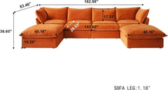 Premium Velvet Cloud Sectional Couches | 6-Piece Velvet Orange Modern Relaxed Living U-Shaped Sectionals 4-seaters with 2-Ottomans