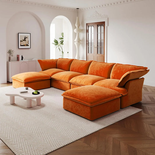 Premium Velvet Cloud Sectional Couches | 6-Piece Velvet Orange Modern Relaxed Living U-Shaped Sectionals 4-seaters with 2-Ottomans