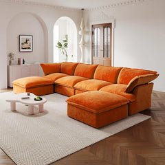 Premium Velvet Cloud Sectional Couches | 6-Piece Velvet Orange Modern Relaxed Living U-Shaped Sectionals 4-seaters with 2-Ottomans