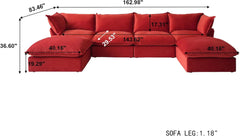 Premium Velvet Cloud Sectional Couches | 6-Piece Velvet Red Modular Design U-Shaped Sectionals 4-seaters with 2-Ottomans