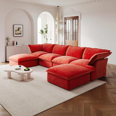 Premium Velvet Cloud Sectional Couches | 6-Piece Velvet Red Modular Design U-Shaped Sectionals 4-seaters with 2-Ottomans