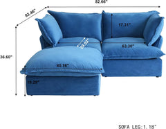 Premium Velvet Cloud Sectional Couches | 3-Piece Velvet Blue Simply Serene Seating Chaise Sectionals 2-seaters with 1-Ottomans