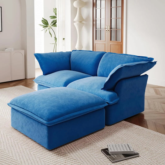 Premium Velvet Cloud Sectional Couches | 3-Piece Velvet Blue Simply Serene Seating Chaise Sectionals 2-seaters with 1-Ottomans