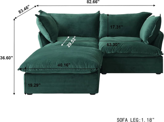 Premium Velvet Cloud Sectional Couches | 3-Piece Velvet Green Big Deep Seats Chaise Sectionals 2-seaters with 1-Ottomans