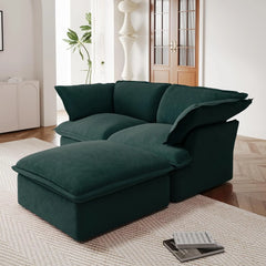 Premium Velvet Cloud Sectional Couches | 3-Piece Velvet Green Big Deep Seats Chaise Sectionals 2-seaters with 1-Ottomans