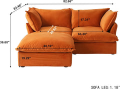 Premium Velvet Cloud Sectional Couches | 3-Piece Velvet Orange Neutral Silhouette Chaise Sectionals 2-seaters with 1-Ottomans