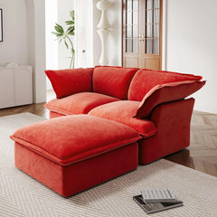 Premium Velvet Cloud Sectional Couches | 3-Piece Velvet Red Neutral Silhouette Chaise Sectionals 2-seaters with 1-Ottomans