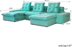 Premium Adjustable Cloud Sectional Couches | 5-Piece Velvet Tiffany Blue Creative Curved Corner U-Shaped Sectionals 3-seaters with 2-Ottomans