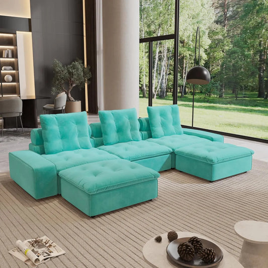 Premium Adjustable Cloud Sectional Couches | 5-Piece Velvet Tiffany Blue Creative Curved Corner U-Shaped Sectionals 3-seaters with 2-Ottomans