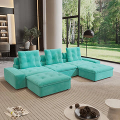 Premium Adjustable Cloud Sectional Couches | 5-Piece Velvet Tiffany Blue Creative Curved Corner U-Shaped Sectionals 3-seaters with 2-Ottomans