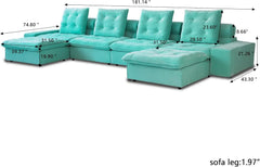 Premium Adjustable Cloud Sectional Couches | 6-Piece Velvet Tiffany Blue Pet-Proof Luxury U-Shaped Sectionals 4-seaters with 2-Ottomans