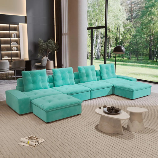 Premium Adjustable Cloud Sectional Couches | 6-Piece Velvet Tiffany Blue Pet-Proof Luxury U-Shaped Sectionals 4-seaters with 2-Ottomans