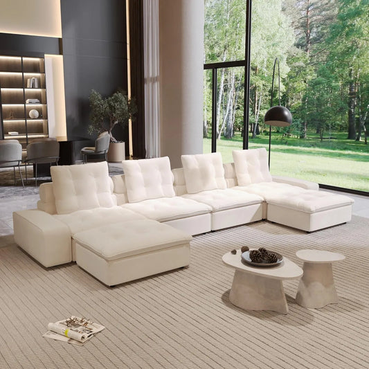 Premium Adjustable Cloud Sectional Couches | 6-Piece Velvet Beige Sculptural Softness U-Shaped Sectionals 4-seaters with 2-Ottomans