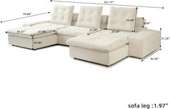 Premium Adjustable Cloud Sectional Couches | 5-Piece Velvet Beige Pet-Friendly Fabric U-Shaped Sectionals 3-seaters with 2-Ottomans