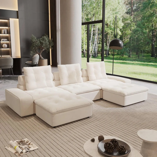 Premium Adjustable Cloud Sectional Couches | 5-Piece Velvet Beige Pet-Friendly Fabric U-Shaped Sectionals 3-seaters with 2-Ottomans