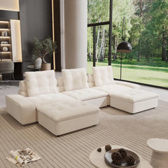 Premium Adjustable Cloud Sectional Couches | 5-Piece Velvet Beige Pet-Friendly Fabric U-Shaped Sectionals 3-seaters with 2-Ottomans