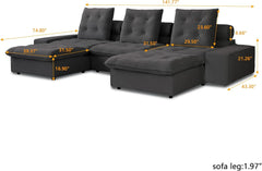 Premium Adjustable Cloud Sectional Couches | 5-Piece Velvet Grey Sleek Modern Silhouette U-Shaped Sectionals 3-seaters with 2-Ottomans