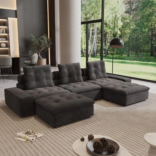 Premium Adjustable Cloud Sectional Couches | 5-Piece Velvet Grey Sleek Modern Silhouette U-Shaped Sectionals 3-seaters with 2-Ottomans