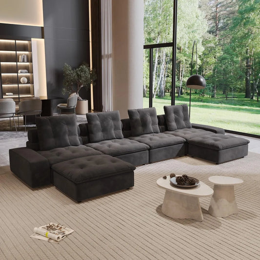 Premium Adjustable Cloud Sectional Couches | 6-Piece Velvet Grey Modular Design U-Shaped Sectionals 4-seaters with 2-Ottomans