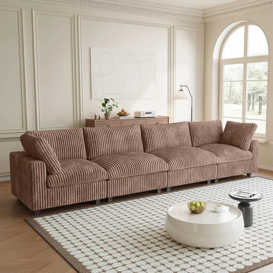 Premium Classic Cloud Sectional Couches | 4-Piece Plush Fabric Brown Big Comfy Shape Couch Sectionals 4-seaters