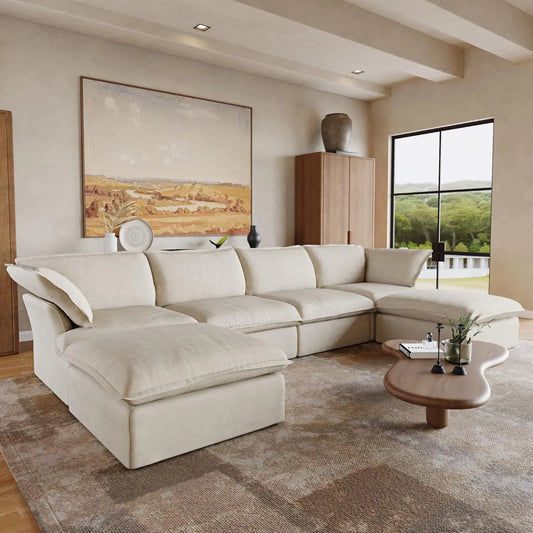 Premium Linen Cloud Sectional Couches | 6-Piece Linen Beige Rich Fancy Velvet U-Shaped Sectionals 4-seaters with 2-Ottomans