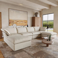 Premium Linen Cloud Sectional Couches | 6-Piece Linen Beige Rich Fancy Velvet U-Shaped Sectionals 4-seaters with 2-Ottomans