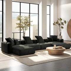 Exclusive Modern Modular Couches | 6-Piece Corduroy Black Hidden Sleek Sofa Legs U-Shaped Sectionals 4-seaters with 2-Ottomans