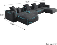 Exclusive Modern Modular Couches | 6-Piece Corduroy Black Hidden Sleek Sofa Legs U-Shaped Sectionals 4-seaters with 2-Ottomans