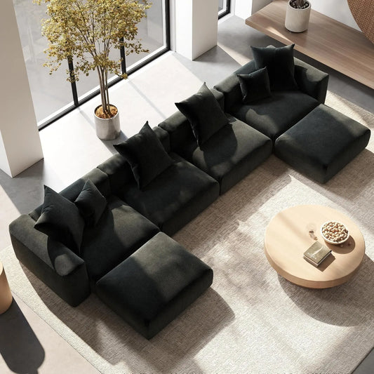 Exclusive Modern Modular Couches | 6-Piece Corduroy Black Hidden Sleek Sofa Legs U-Shaped Sectionals 4-seaters with 2-Ottomans