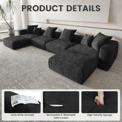 Exclusive Modern Modular Couches | 6-Piece Corduroy Black Hidden Sleek Sofa Legs U-Shaped Sectionals 4-seaters with 2-Ottomans