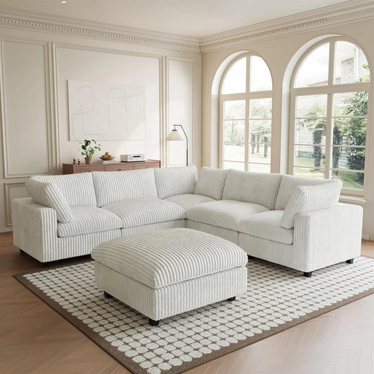 Premium Classic Cloud Sectional Couches | 6-Piece Plush Fabric Beige Fluffy Back Pillows Sofa Sets 5-seaters with 1-Ottomans