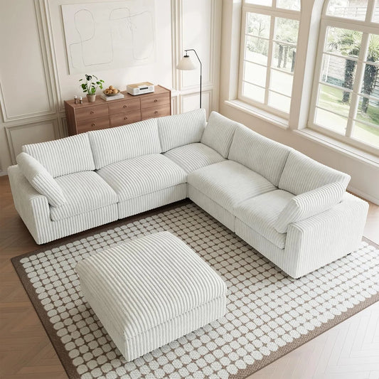 Premium Classic Cloud Sectional Couches | 6-Piece Plush Fabric Beige Fluffy Back Pillows Sofa Sets 5-seaters with 1-Ottomans