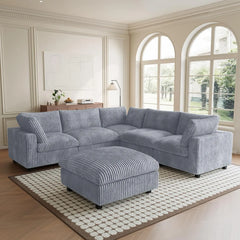 Premium Classic Cloud Sectional Couches | 6-Piece Plush Fabric Light Grey Supported Seating Sofa Sets 5-seaters with 1-Ottomans