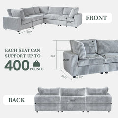 Premium Classic Cloud Sectional Couches | 6-Piece Plush Fabric Light Grey Supported Seating Sofa Sets 5-seaters with 1-Ottomans