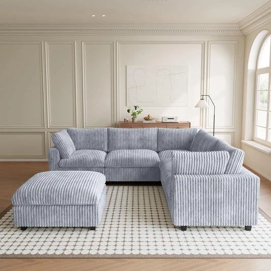 Premium Classic Cloud Sectional Couches | 6-Piece Plush Fabric Light Grey Supported Seating Sofa Sets 5-seaters with 1-Ottomans