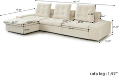 Premium Adjustable Cloud Sectional Couches | 4-Piece Velvet Beige Sleek Modern Silhouette L-Shaped Sectionals 3-seaters with 1-Ottomans