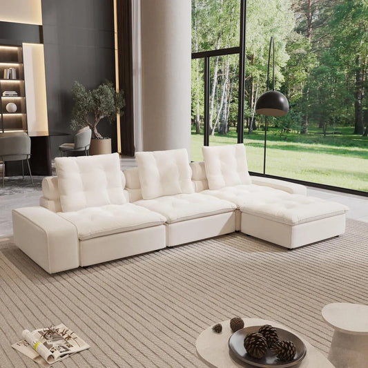 Premium Adjustable Cloud Sectional Couches | 4-Piece Velvet Beige Sleek Modern Silhouette L-Shaped Sectionals 3-seaters with 1-Ottomans