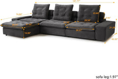 Premium Adjustable Cloud Sectional Couches | 4-Piece Velvet Grey Creative Curved Corner L-Shaped Sectionals 3-seaters with 1-Ottomans
