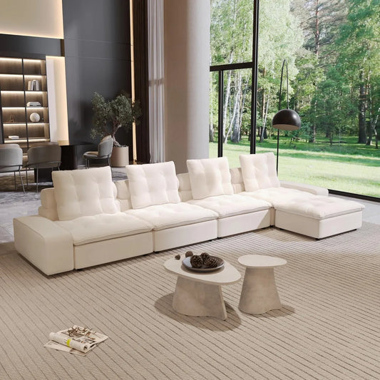 Premium Adjustable Cloud Sectional Couches | 5-Piece Velvet Beige Multi-Layer Cushioning L-Shaped Sectionals 4-seaters with 1-Ottomans