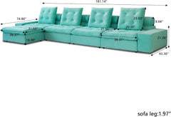 Premium Adjustable Cloud Sectional Couches | 5-Piece Velvet Tiffany Blue Modular Design L-Shaped Sectionals 4-seaters with 1-Ottomans