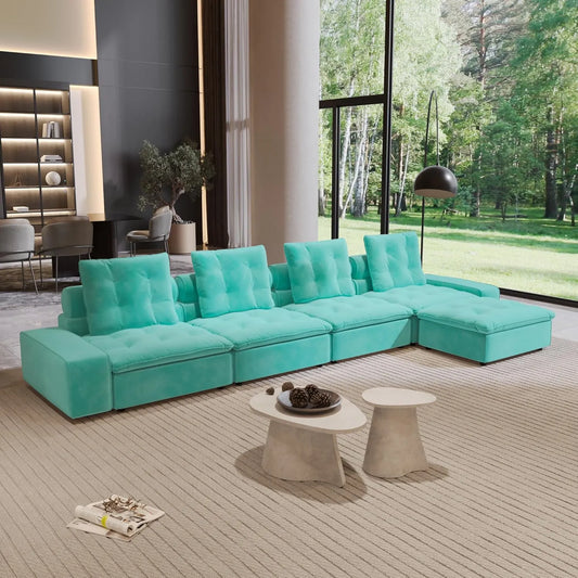 Premium Adjustable Cloud Sectional Couches | 5-Piece Velvet Tiffany Blue Modular Design L-Shaped Sectionals 4-seaters with 1-Ottomans