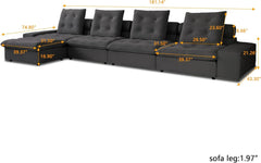 Premium Adjustable Cloud Sectional Couches | 5-Piece Velvet Grey Cloud-Like Comfort L-Shaped Sectionals 4-seaters with 1-Ottomans
