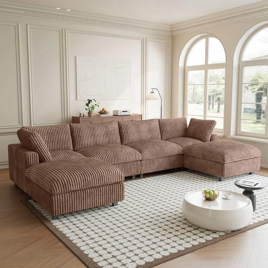 Premium Classic Cloud Sectional Couches | 6-Piece Plush Fabric Brown Big Comfy Shape U-Shaped Sectionals 4-seaters with 2-Ottomans