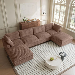 Premium Classic Cloud Sectional Couches | 6-Piece Plush Fabric Brown Big Comfy Shape U-Shaped Sectionals 4-seaters with 2-Ottomans