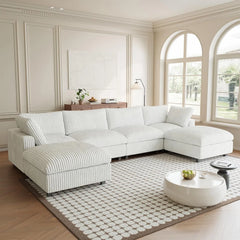 Premium Classic Cloud Sectional Couches | 6-Piece Plush Fabric Beige A Strong Wood Frame U-Shaped Sectionals 4-seaters with 2-Ottomans