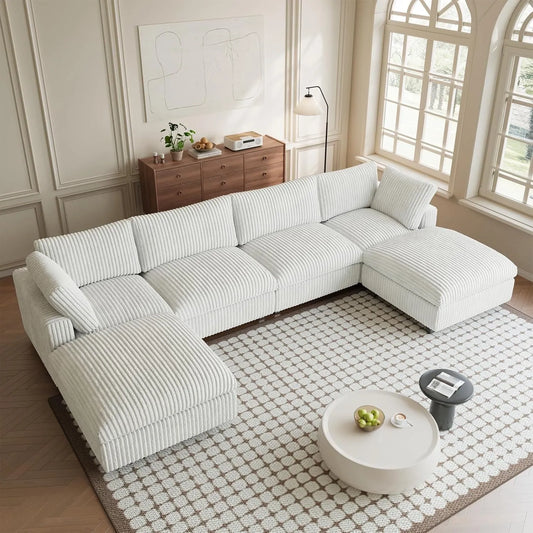 Premium Classic Cloud Sectional Couches | 6-Piece Plush Fabric Beige A Strong Wood Frame U-Shaped Sectionals 4-seaters with 2-Ottomans