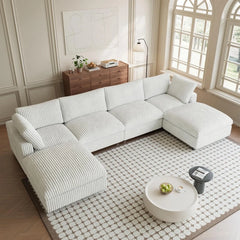 Premium Classic Cloud Sectional Couches | 6-Piece Plush Fabric Beige A Strong Wood Frame U-Shaped Sectionals 4-seaters with 2-Ottomans