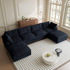 Premium Classic Cloud Sectional Couches | 6-Piece Plush Fabric Black Sink-In Spacious Seating U-Shaped Sectionals 4-seaters with 2-Ottomans