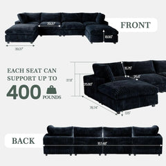 Premium Classic Cloud Sectional Couches | 6-Piece Plush Fabric Black Sink-In Spacious Seating U-Shaped Sectionals 4-seaters with 2-Ottomans