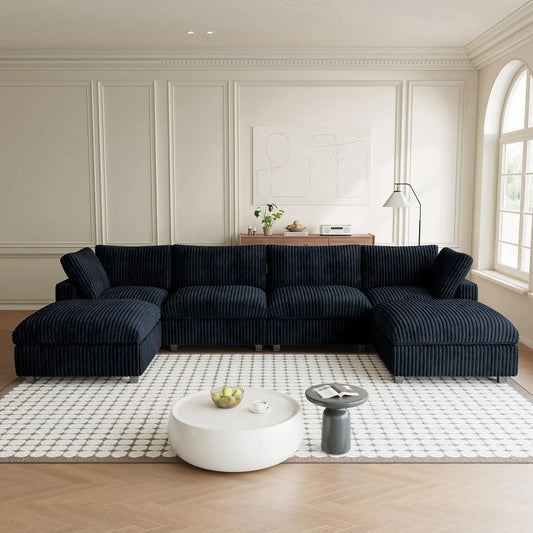 Premium Classic Cloud Sectional Couches | 6-Piece Plush Fabric Black Sink-In Spacious Seating U-Shaped Sectionals 4-seaters with 2-Ottomans